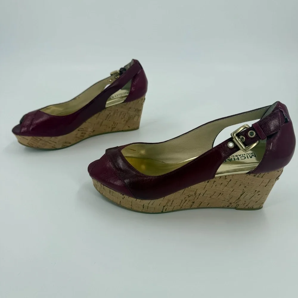 Michael Kors Wedge Pumps Womens US 7M Burgundy Leather Peep Toe Buckle Closure